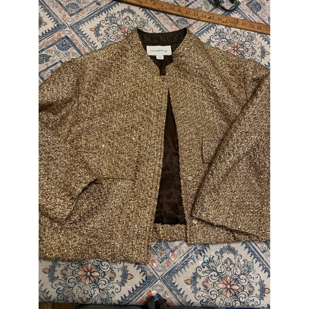 Liz Claiborne Gold Metallic Tweed Sequin Jacket Womens Medium NWT Holiday Blazer